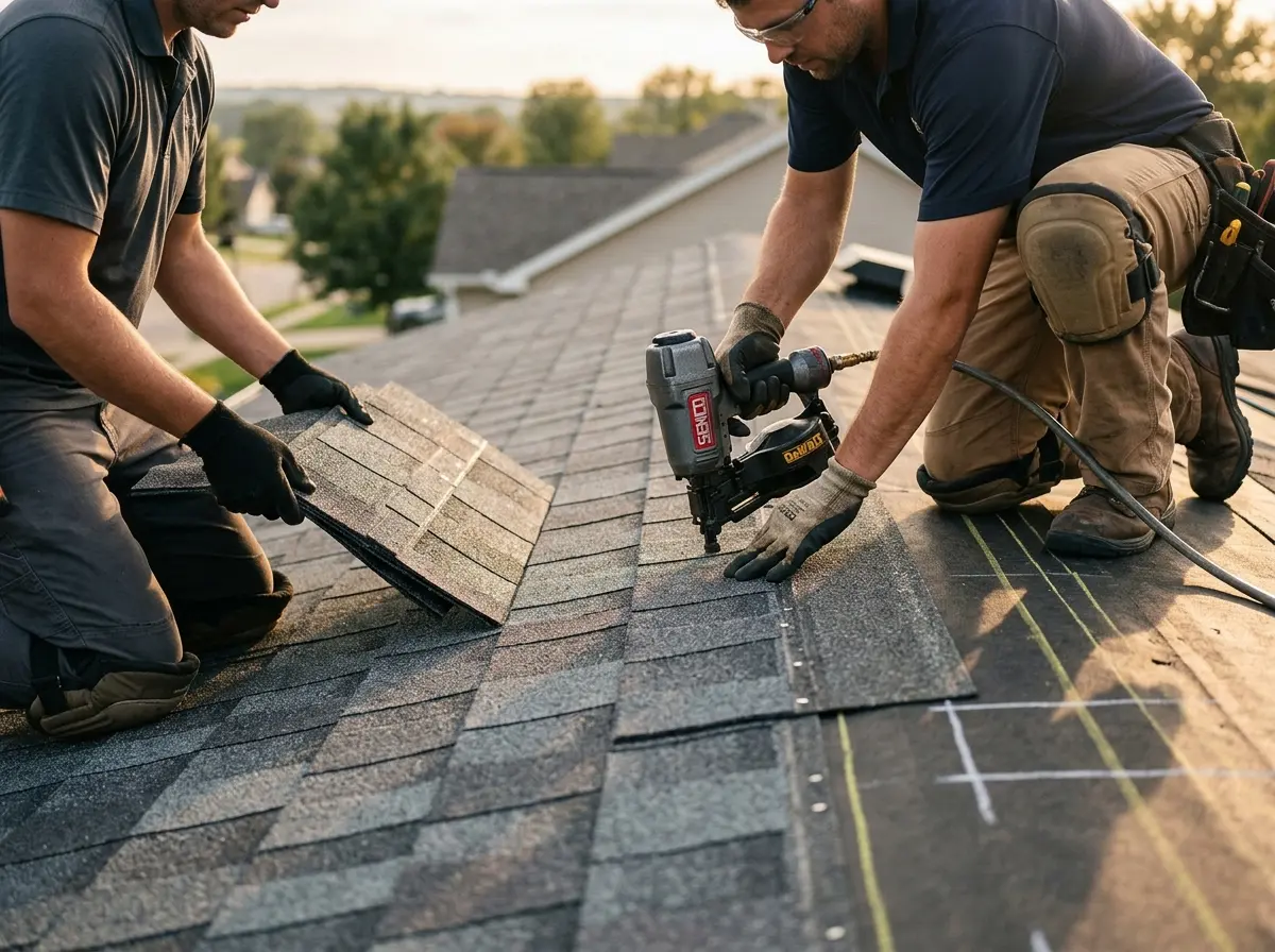 Professional roofer working on a residential roof in Siler City